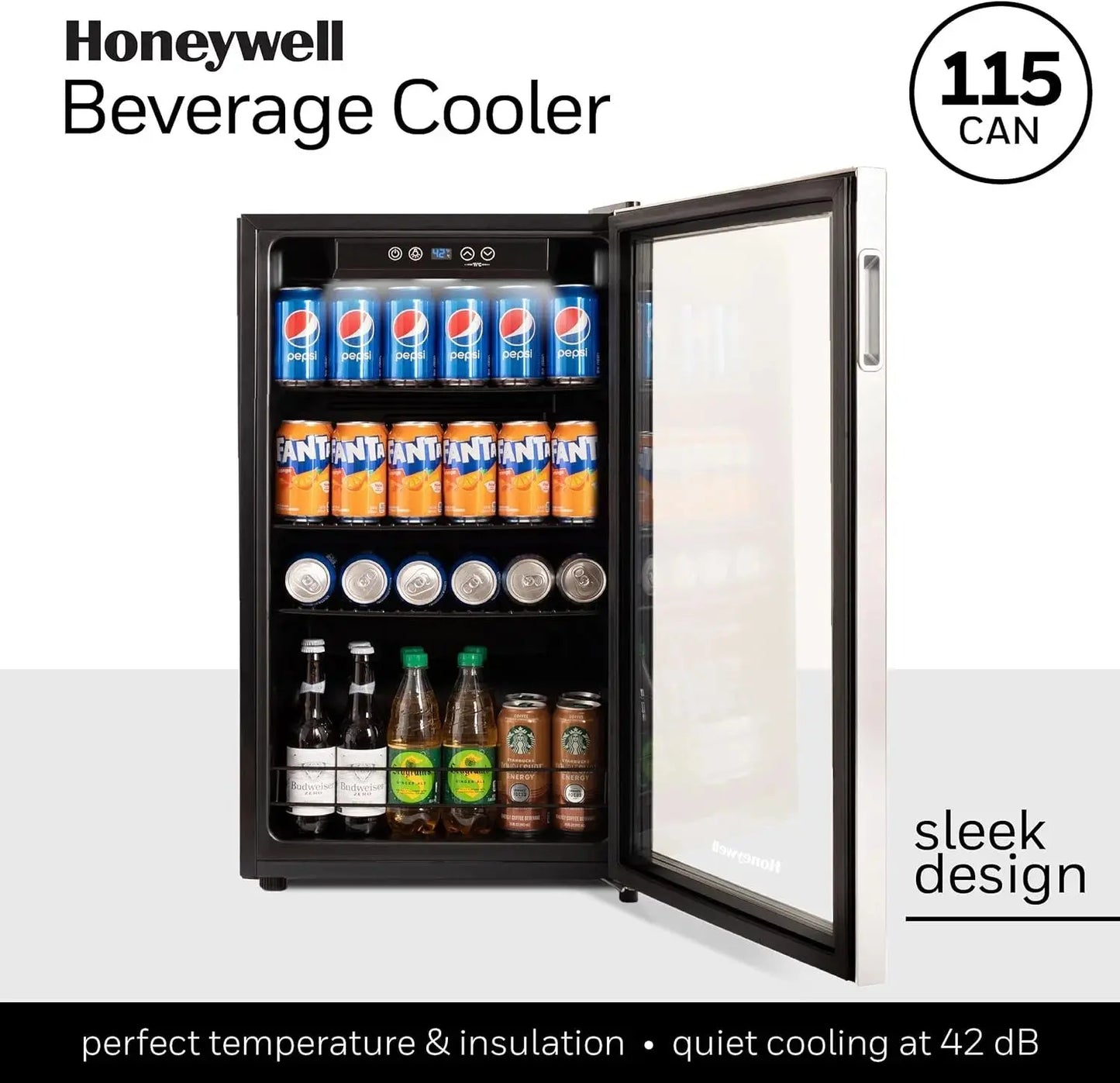 Honeywell Beverage Refrigerator and Cooler, 115 Can Mini Fridge with Glass Door for Soda Beer or Wine for Office or Bar with Adjustable Removable Shelving | Fridge.com