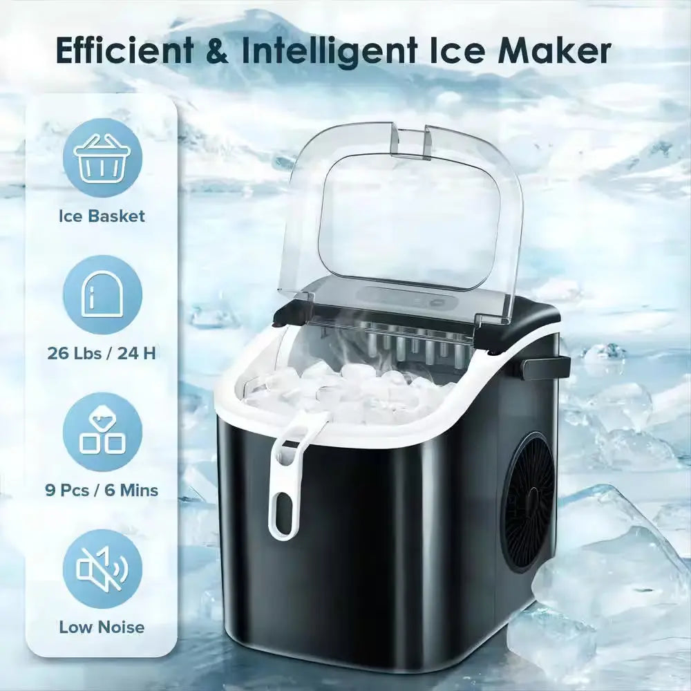 8.66 In. W 26 Lbs./24H, 9-Pieces/6 Mins, Bullet Ice Portable Countertop Ice Maker in Black With/Ice Scoop and Basket | Fridge.com