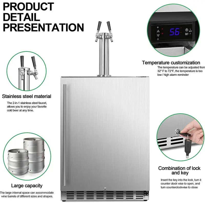 Icejungle 6.04 Cubic Feet Silver Outdoor Dual Tap Half Barrel (Full Size) Freestanding Kegerator with Door Lock and Adjustable Temperature | Fridge.com