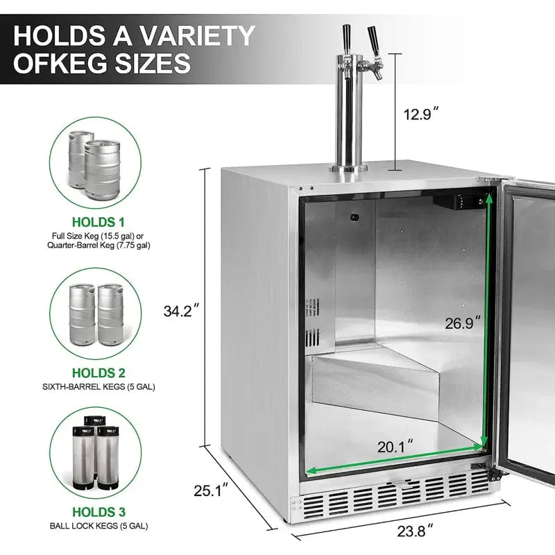 Icejungle 6.04 Cubic Feet Silver Outdoor Dual Tap Half Barrel (Full Size) Freestanding Kegerator with Door Lock and Adjustable Temperature | Fridge.com