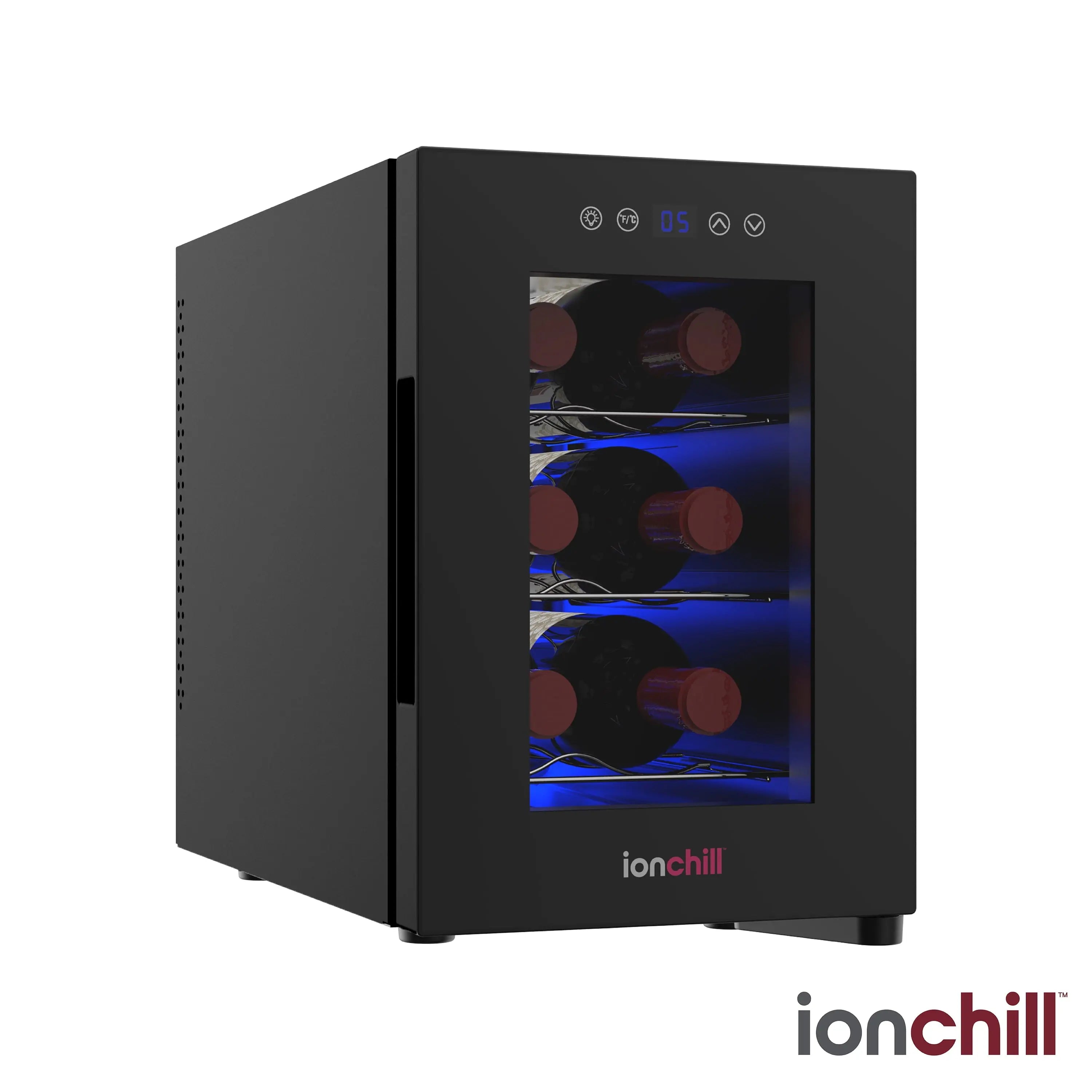 IonChill 6 Bottle Wine Cooler New Standard Door Mini Fridge with Wine Rack and Temp. Control 9.75In