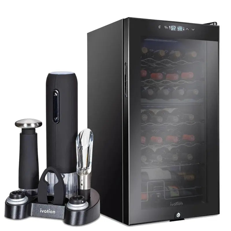 Ivation 16.9'' 28 Bottle Single Zone Freestanding Wine Refrigerator with 5-Piece Wine Gift Set | Fridge.com