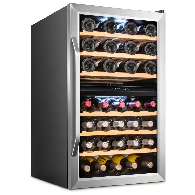 Ivation 19.5'' 43 Bottle Dual Zone Freestanding Wine Refrigerator | Fridge.com