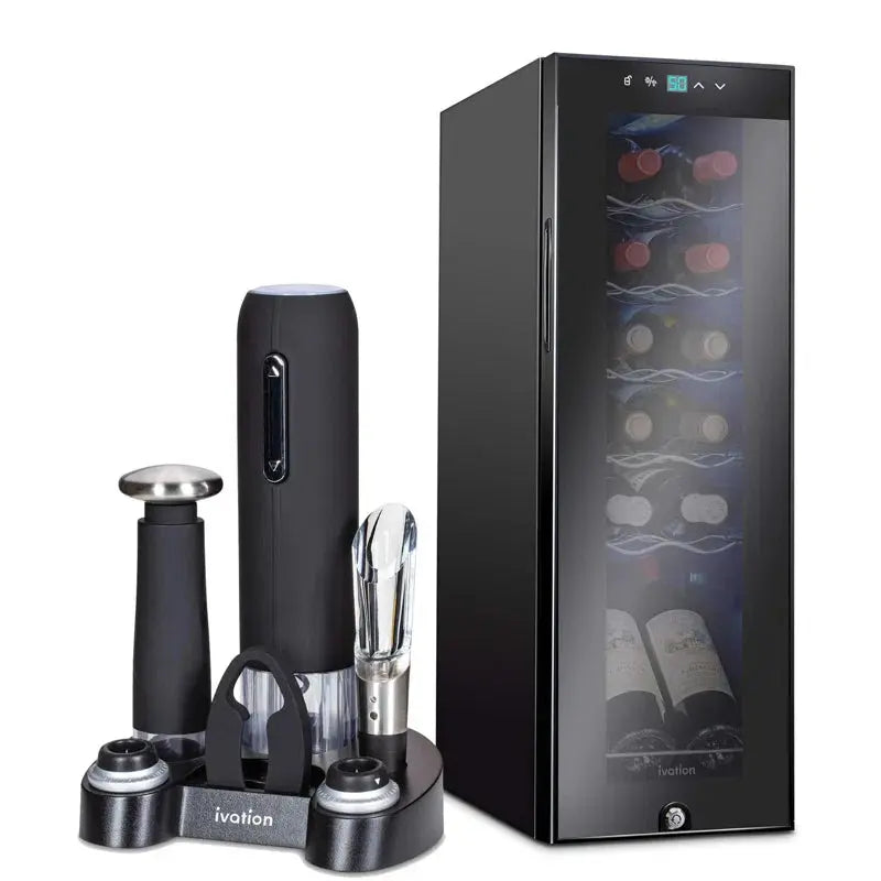 Ivation 9.9'' 12 Bottle Single Zone Freestanding Wine Refrigerator with 5-Piece Wine Gift Set | Fridge.com