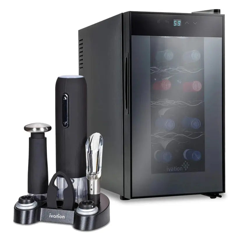 Ivation 9.9" Bottle Single Zone Freestanding Wine Refrigerator with 5-Piece Wine Gift Set | Fridge.com