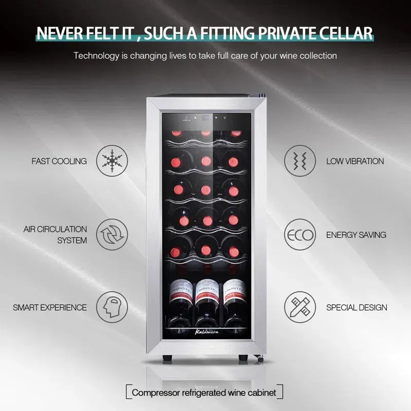 Kalamera 18 Bottle Free Standing Compressor Wine Cooler with Glass Door with Concealed Handle | Fridge.com