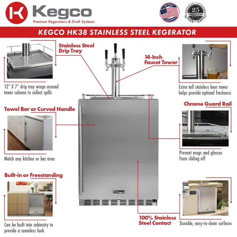 Kegco Outdoor Triple Tap Freestanding Kegerator with Door Lock and Adjustable Temperature | Fridge.com