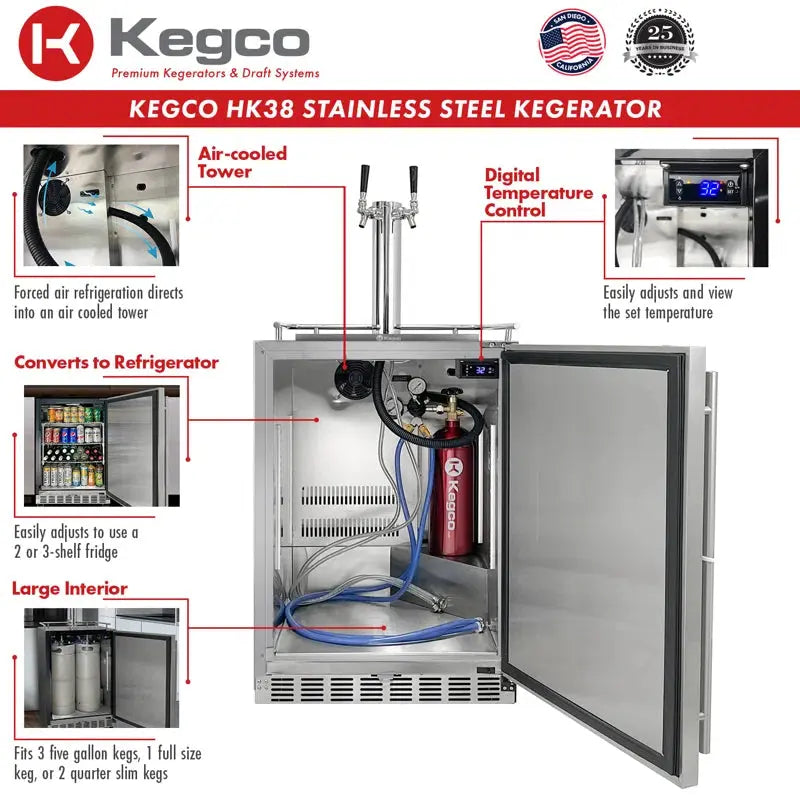 Kegco Stainless Steel Outdoor Dual Tap Freestanding Kegerator with Door Lock and Adjustable Temperature | Fridge.com