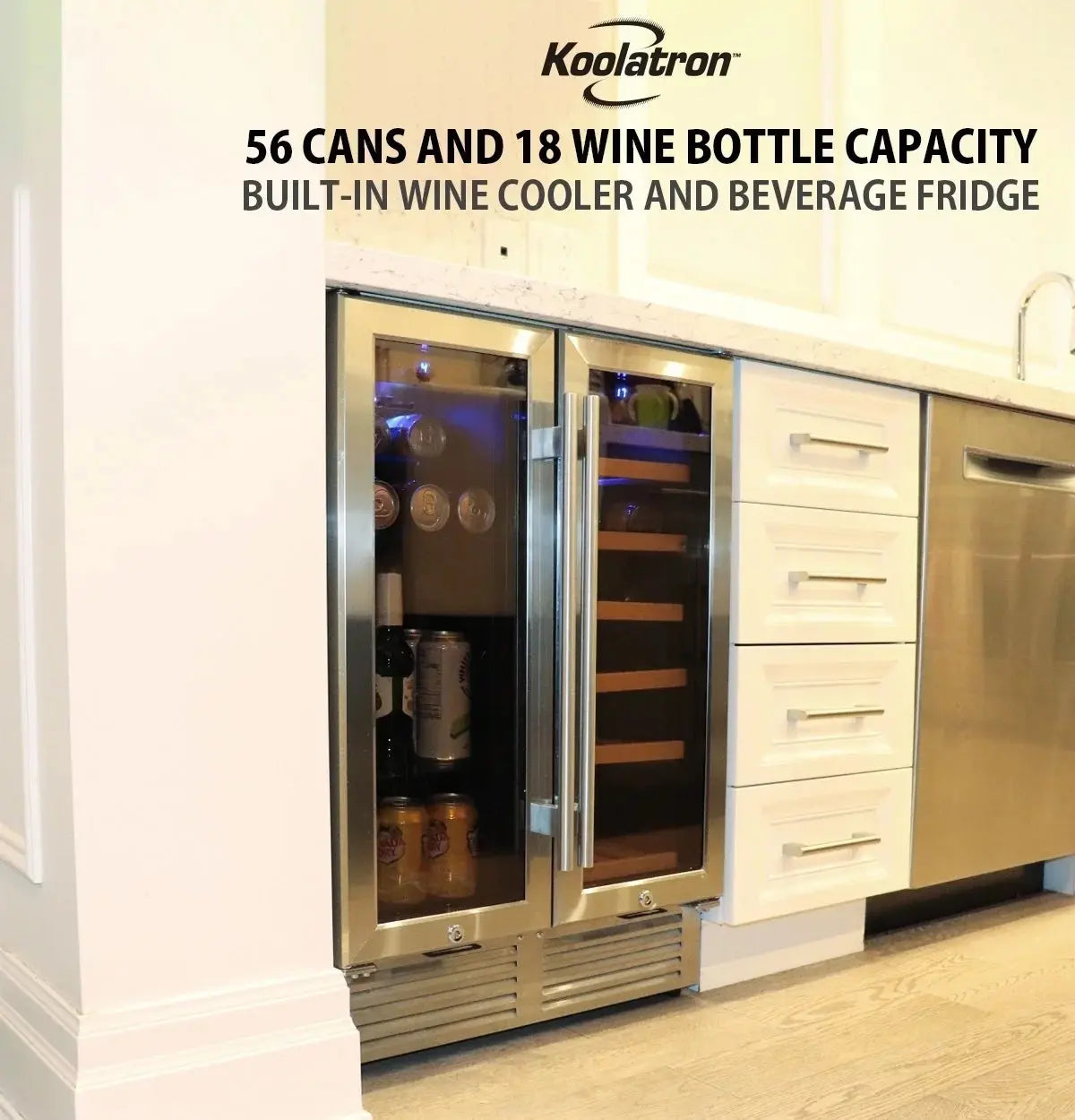 Koolatron 18 Bottles and 56 Cans Built-In Under-Counter 24 Inch Dual Zone Wine Cooler and Beverage Fridge | Fridge.com