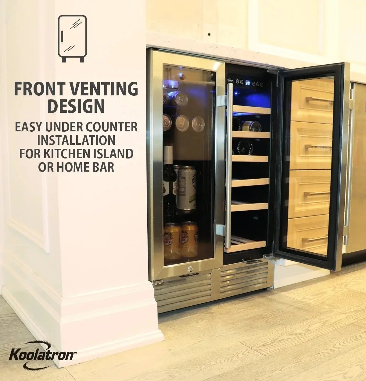 Koolatron 18 Bottles and 56 Cans Built-In Under-Counter 24 Inch Dual Zone Wine Cooler and Beverage Fridge | Fridge.com