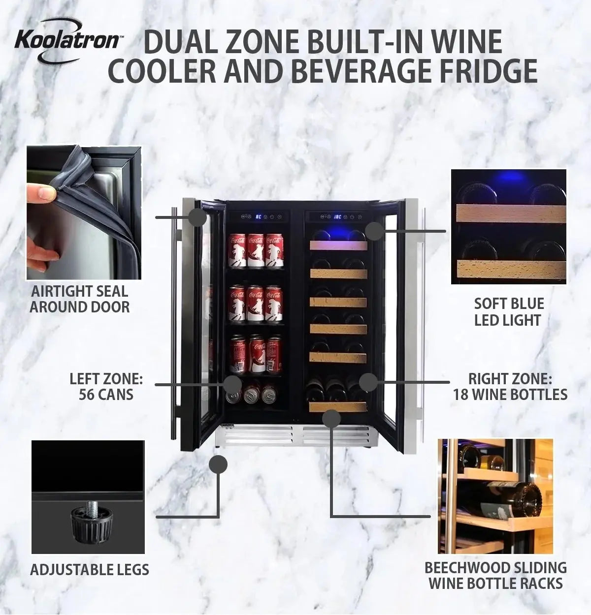 Koolatron 18 Bottles and 56 Cans Built-In Under-Counter 24 Inch Dual Zone Wine Cooler and Beverage Fridge | Fridge.com