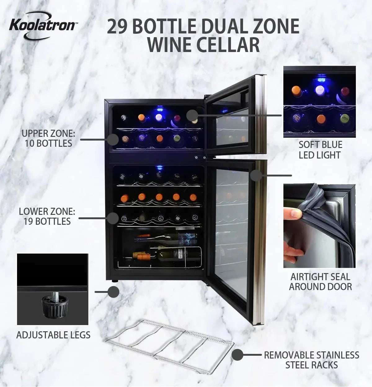 Koolatron 29 Bottle Dual Zone Wine Cooler Freestanding Wine Cellar, Black | Fridge.com