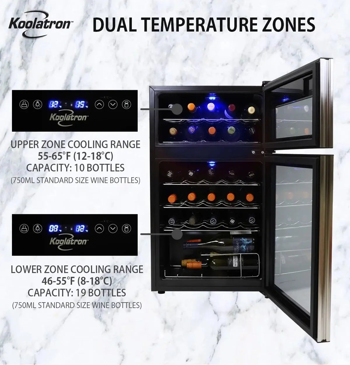 Koolatron 29 Bottle Dual Zone Wine Cooler Freestanding Wine Cellar, Black | Fridge.com