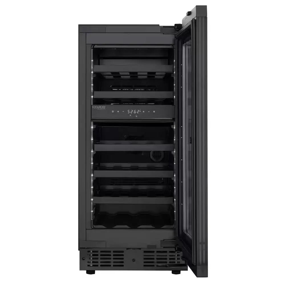 Koolmore Reserve 15 In. under Counter Panel Ready Dual Zone Built-In Wine Cooler with Black Shelves 23 Bottle Capacity | Fridge.com