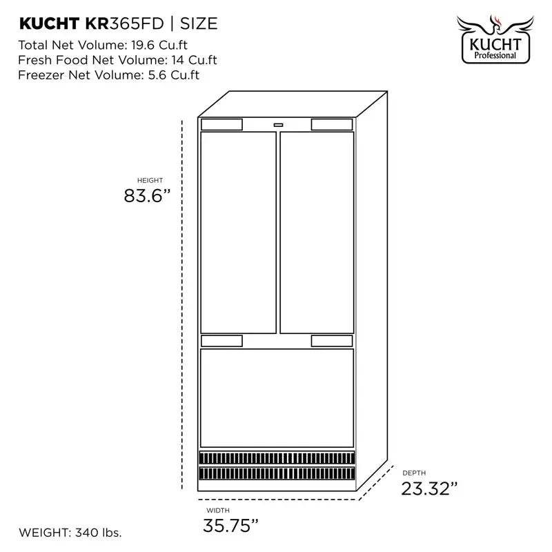 Kucht 36" 19.6 Cubic Feet Energy Star Built-In Built-In Panel Ready Rrefrigerator with Internal Water and Ice Dispenser | Fridge.com