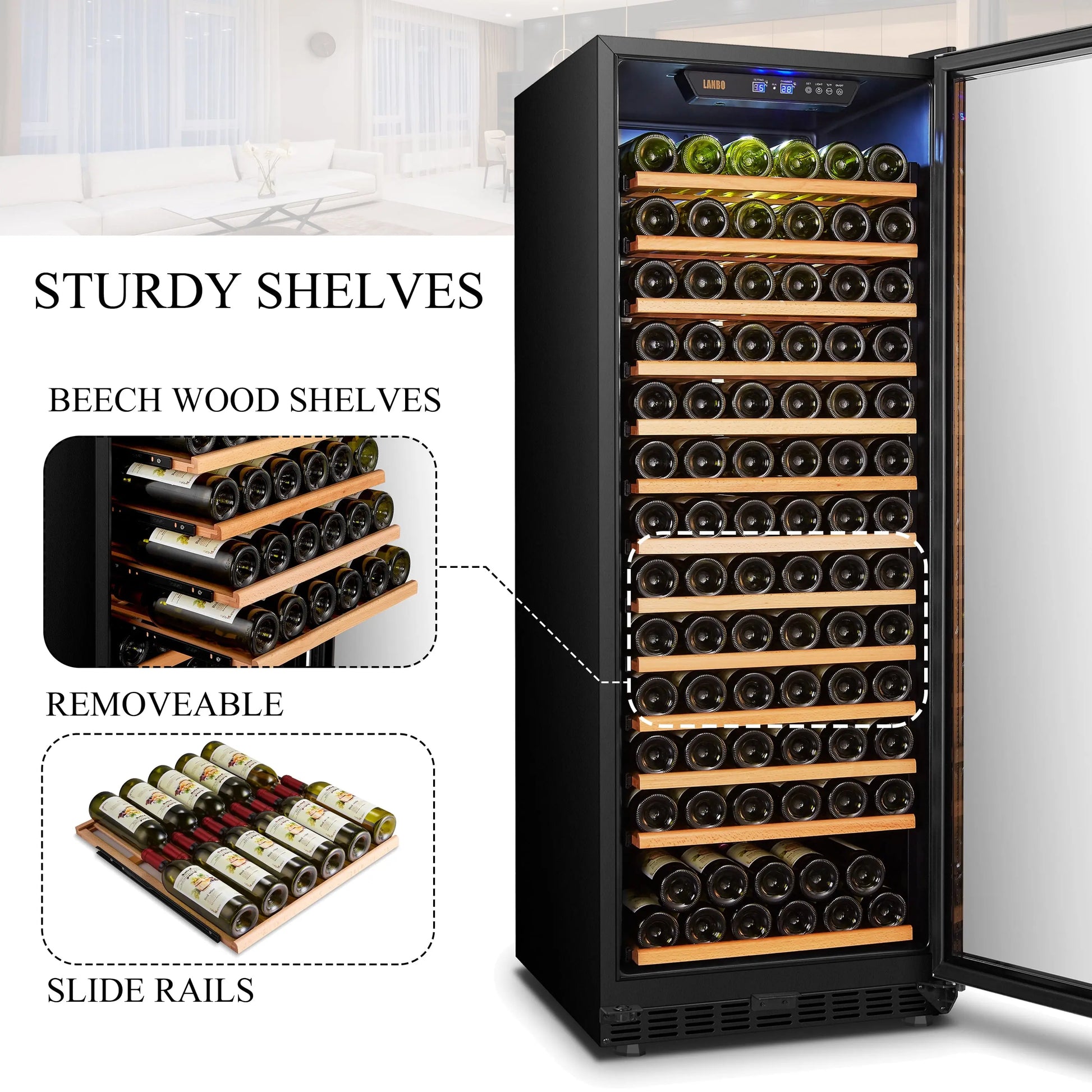 Lanbo 24 Inch Built in Black 149 Bottle Single Zone Wine Cooler LW155S | Fridge.com