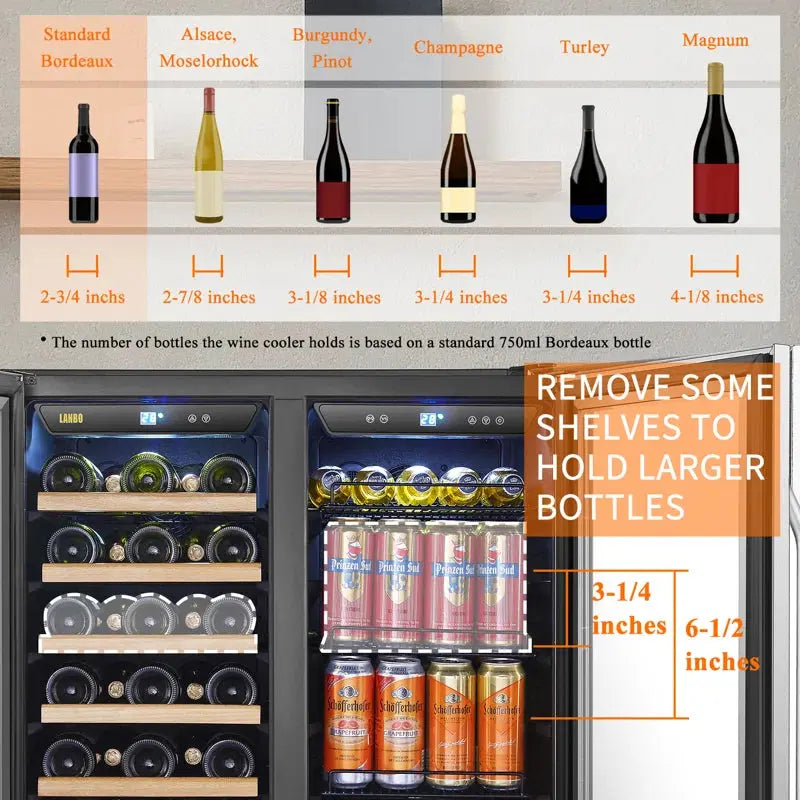 Lanbo 29.5'' 33 Bottle and 70 Can Dual Zone Wine & Beverage Refrigerator | Fridge.com