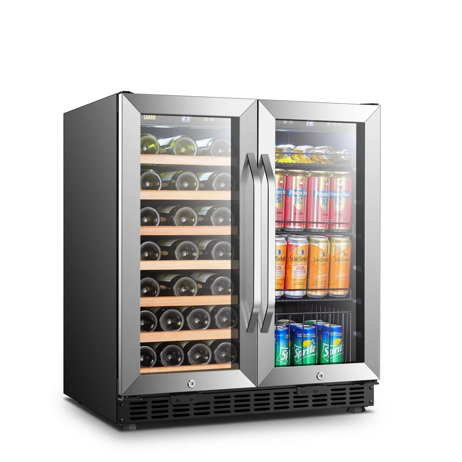 Lanbo 70 Can 33 Bottle under Counter Dual Zone Wine Refrigerator and Beverage Cooler 30 Inch Width | Fridge.com