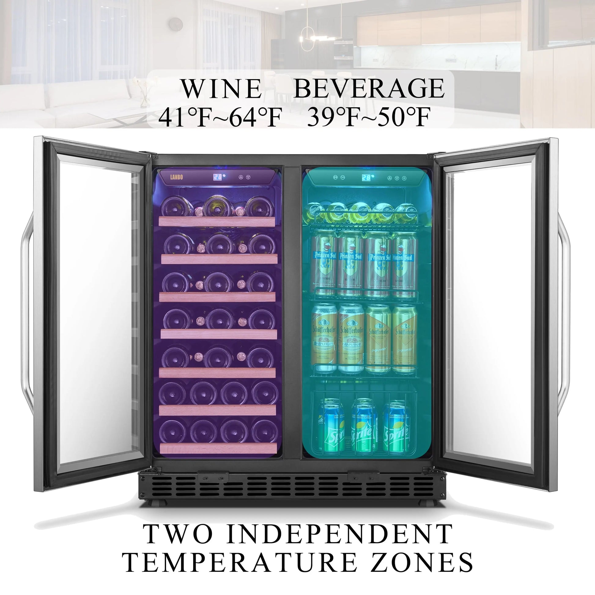 Lanbo 70 Can 33 Bottle under Counter Dual Zone Wine Refrigerator and Beverage Cooler 30 Inch Width | Fridge.com