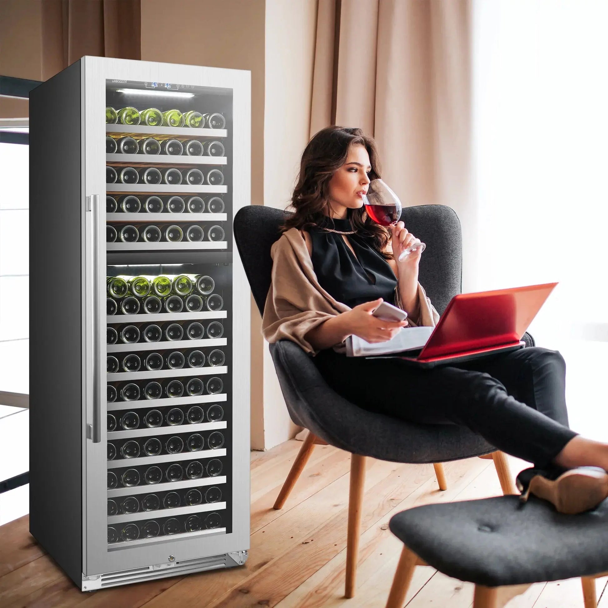 Lanbopro 153 Bottles Dual Zone Seamless Stainless Steel Wine Cooler | Fridge.com