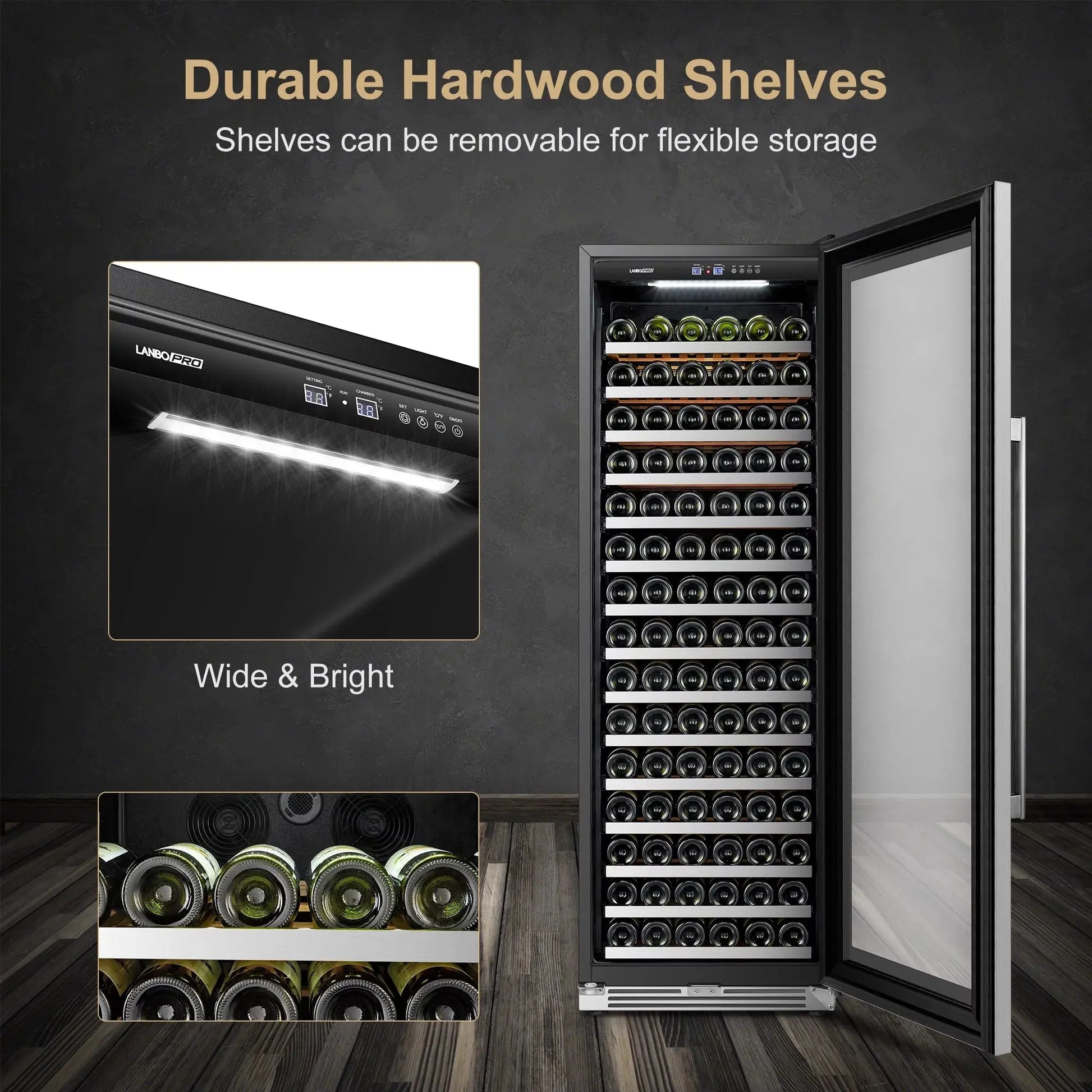 Lanbopro 164 Bottles 24 Inch Width Single Zone Wine Cooler in Seamless Stainless Steel | Fridge.com