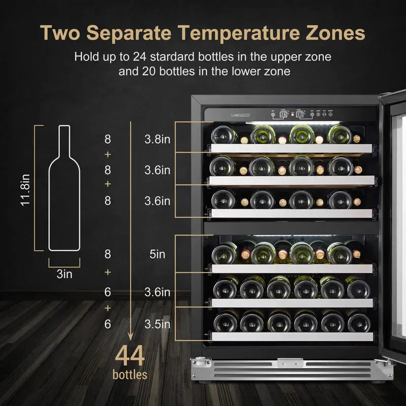 Lanbopro 23.4'' 44 Bottle Dual Zone Wine Refrigerator | Fridge.com