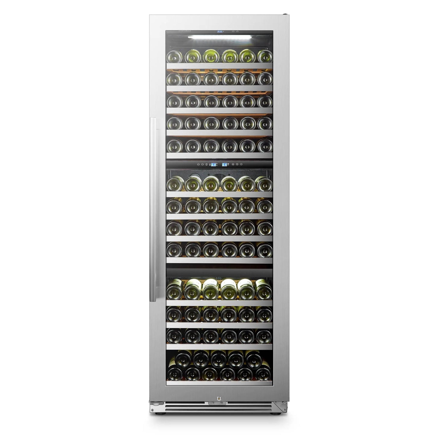 Lanbopro 24 Inch 143 Bottle Triple Zone Black Compressor Wine Cooler in Seamless Stainless Steel | Fridge.com