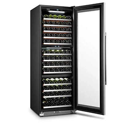 Lanbopro 24 Inch 143 Bottle Triple Zone Black Compressor Wine Cooler in Seamless Stainless Steel | Fridge.com