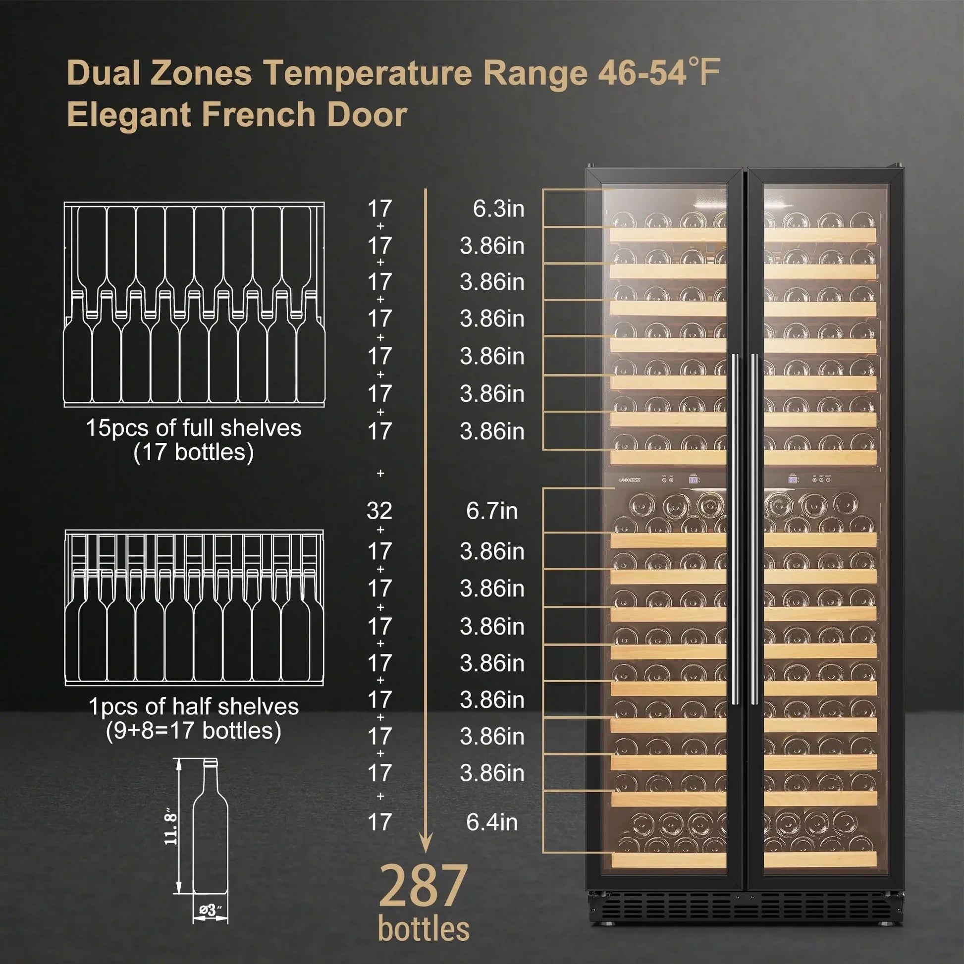 Lanbopro 287 Bottle Dual Zone Black Compressor Wine Cooler 32 Inch Width | Fridge.com