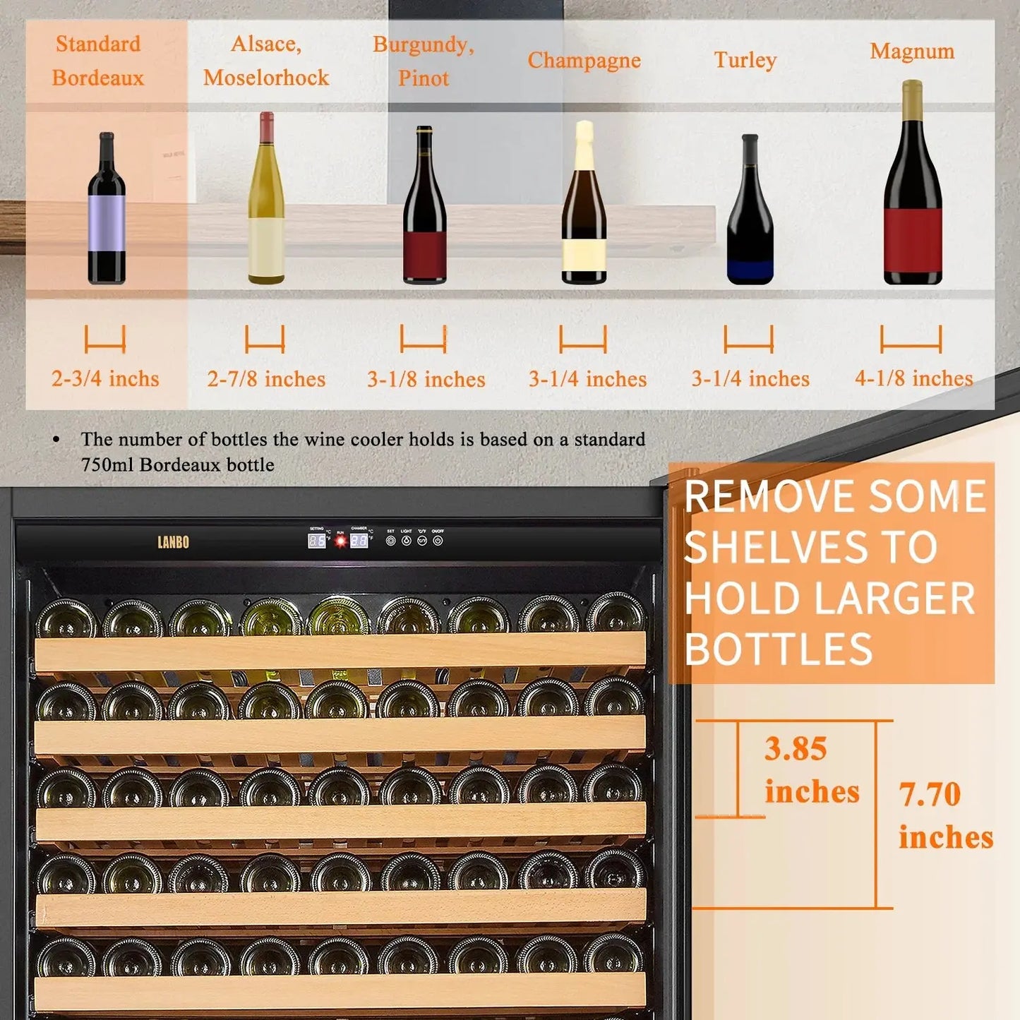 Lanbopro 289 Bottle Single Zone Compressor Wine Cooler in Glass French-Door 32 Inch | Fridge.com