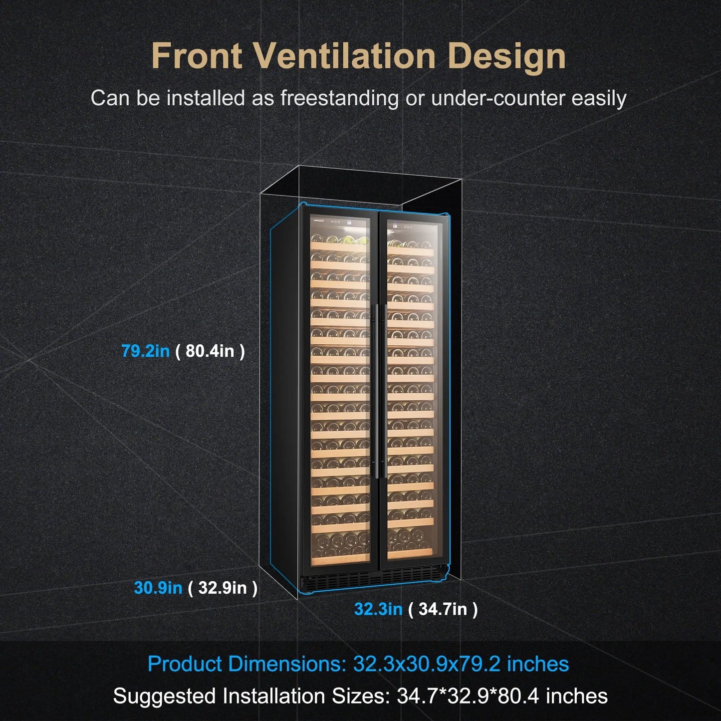 Lanbopro 289 Bottle Single Zone Compressor Wine Cooler in Glass French-Door 32 Inch | Fridge.com