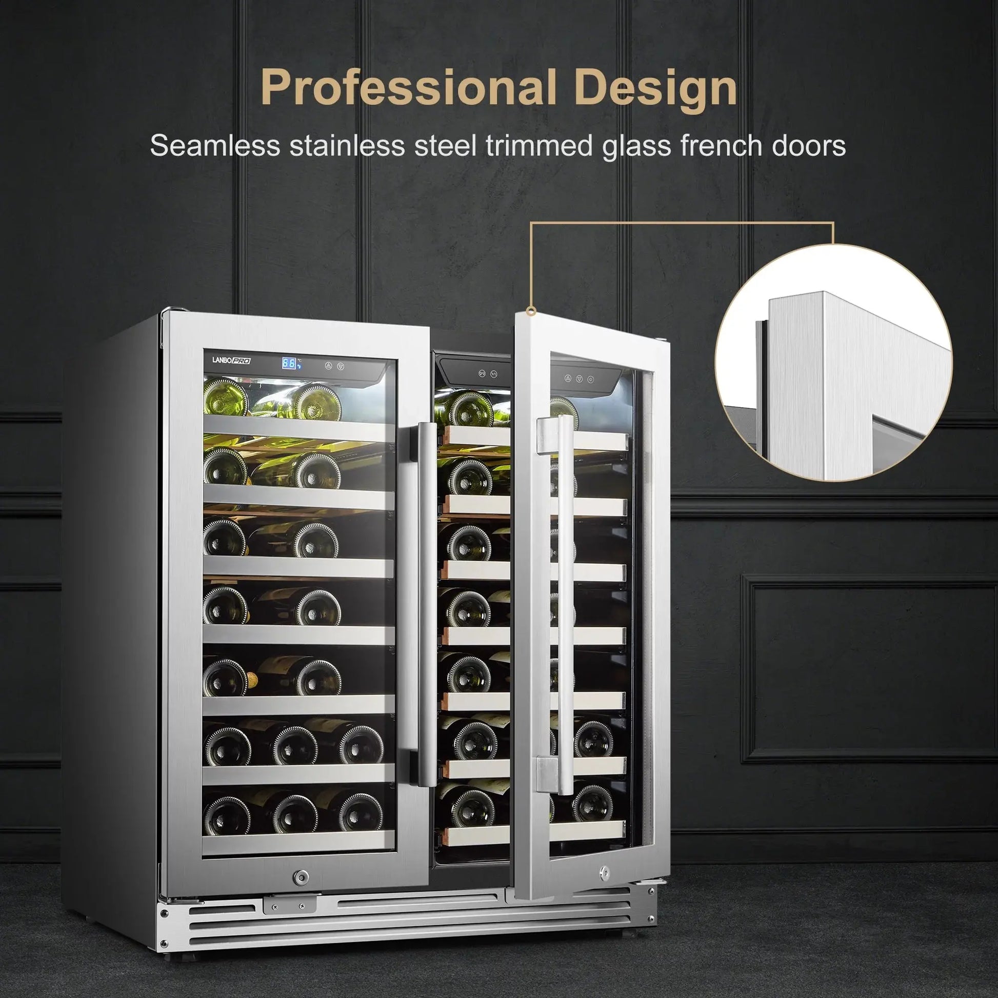 Lanbopro 30 Inch 62 Bottle under Counter Dual Zone Wine Refrigerator | Fridge.com