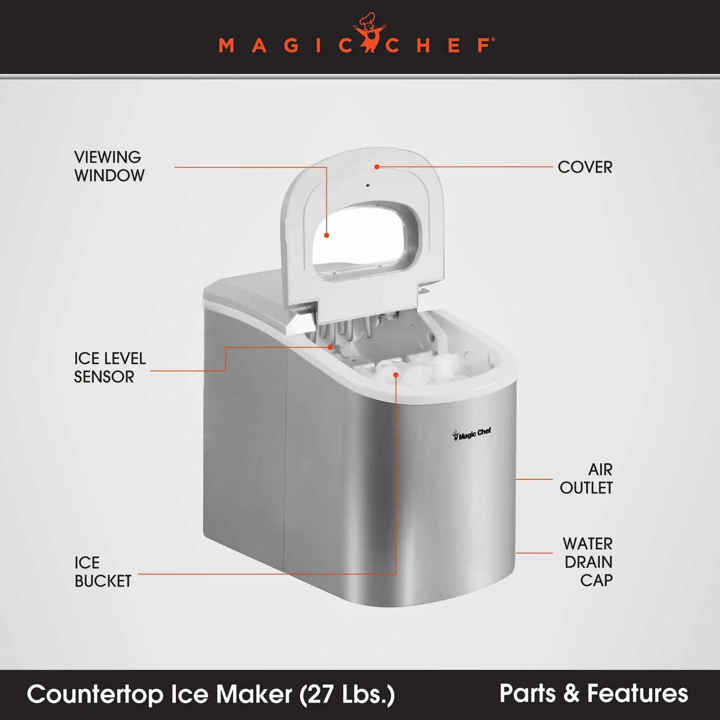 Magic Chef Brand - New Model MCIM22SV 27 Lb. Capacity Portable Ice Maker (Silver) Bullet Ice Cubes | Fridge.com