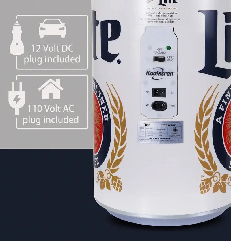 Miller Lite 8 Can Portable Mini Fridge 12V DC 110V AC 5.4L Cooler, White | Fridge.com