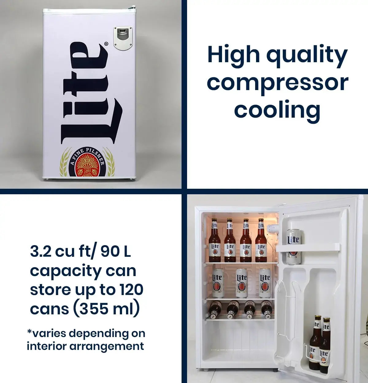 Miller Lite 90 Litre Compact Fridge with Bottle Opener Mini Fridge | Fridge.com