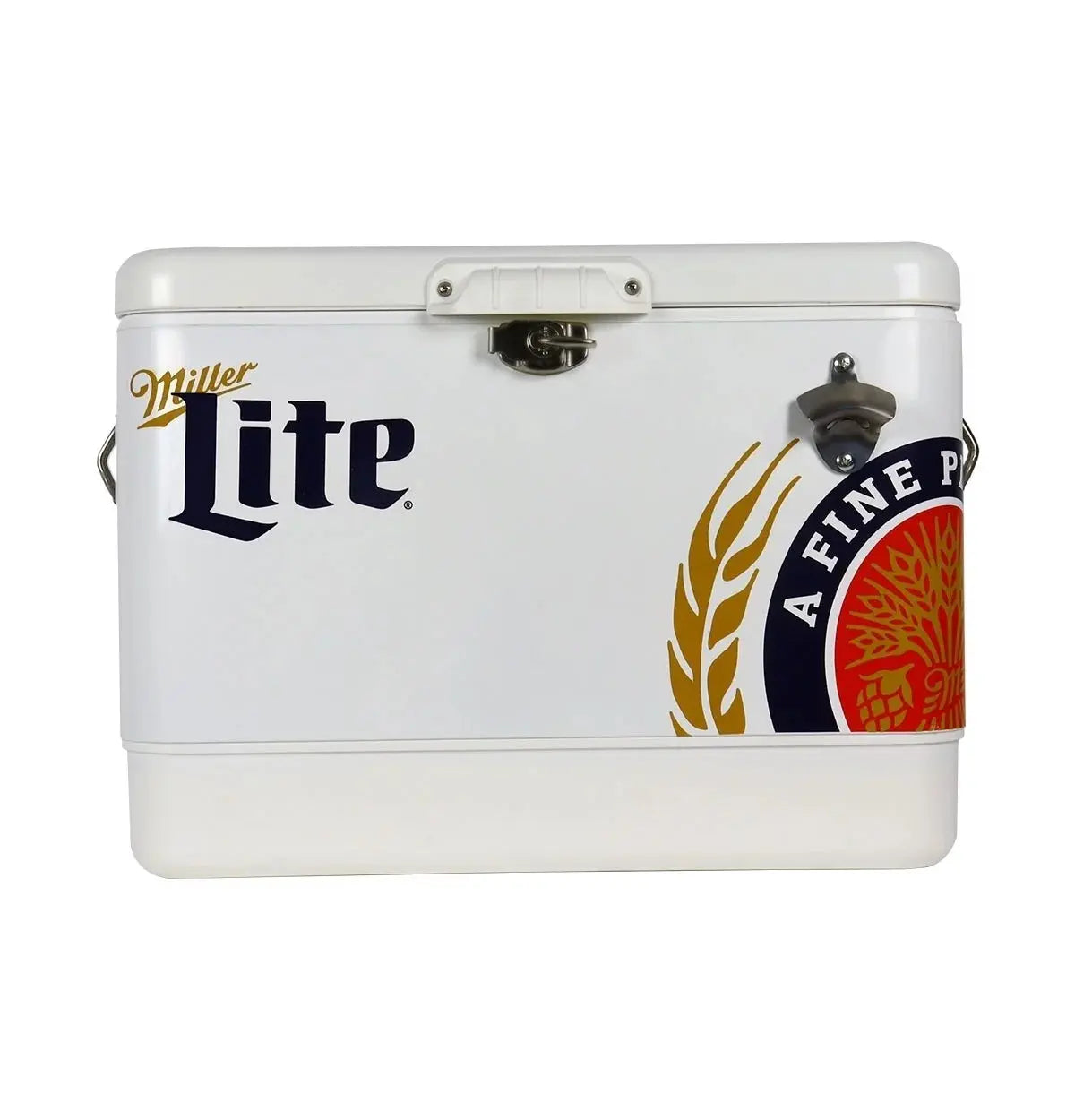 Miller Lite Ice Chest Beverage Cooler with Bottle Opener, 51L (54 QT), 85 Can Steel-Belted Portable Cooler, White and Blue, for Camping, Beach, RV, Bbqs, Tailgating, Fishing | Fridge.com