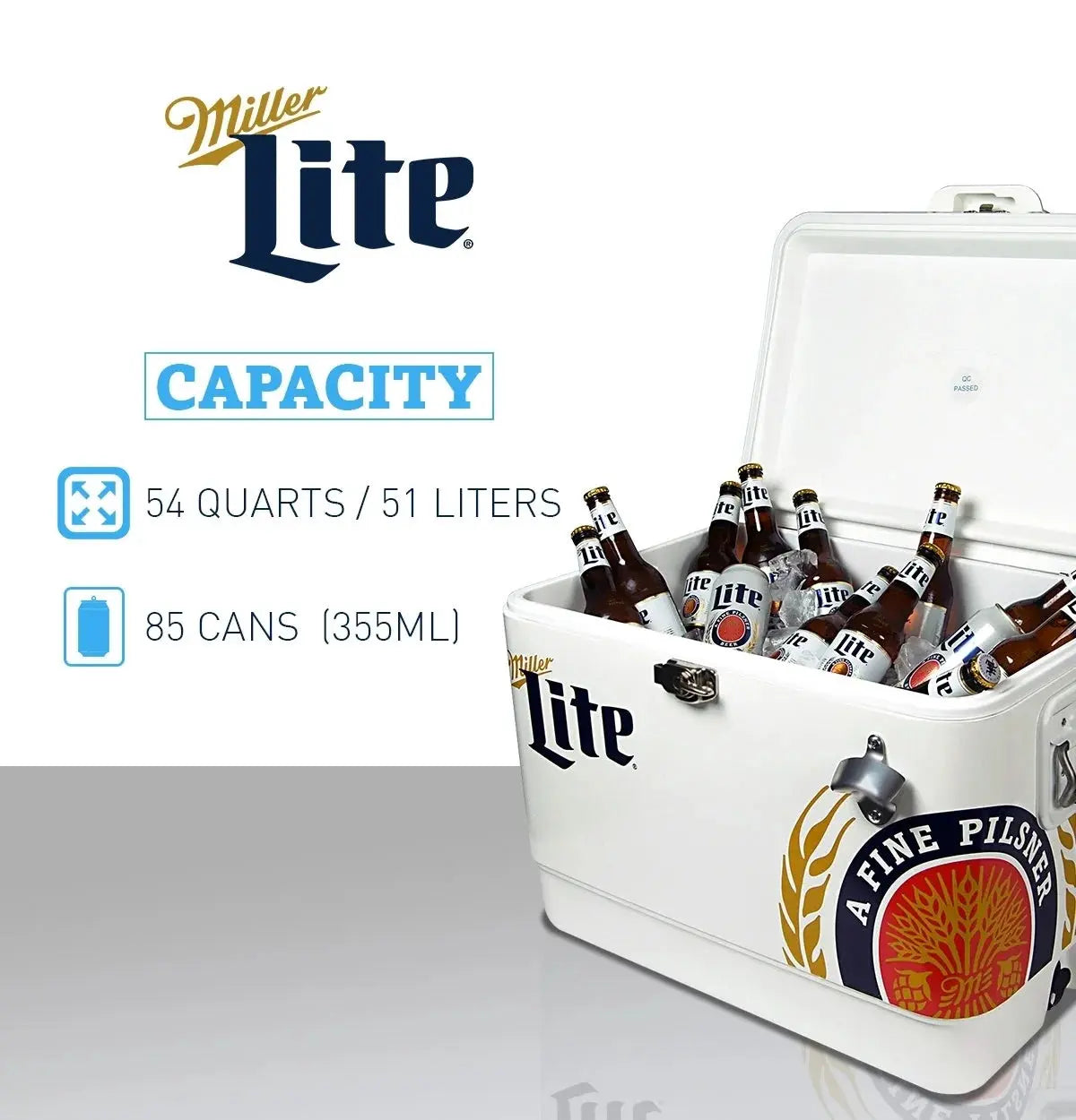 Miller Lite Ice Chest Beverage Cooler with Bottle Opener, 51L (54 QT), 85 Can Steel-Belted Portable Cooler, White and Blue, for Camping, Beach, RV, Bbqs, Tailgating, Fishing | Fridge.com