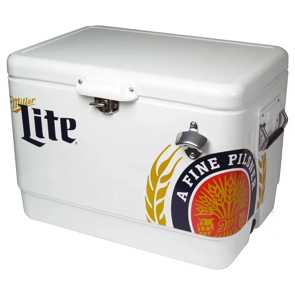 Miller Lite Ice Chest Beverage Cooler with Bottle Opener, 51L (54 QT), 85 Can Steel-Belted Portable Cooler, White and Blue, for Camping, Beach, RV, Bbqs, Tailgating, Fishing | Fridge.com