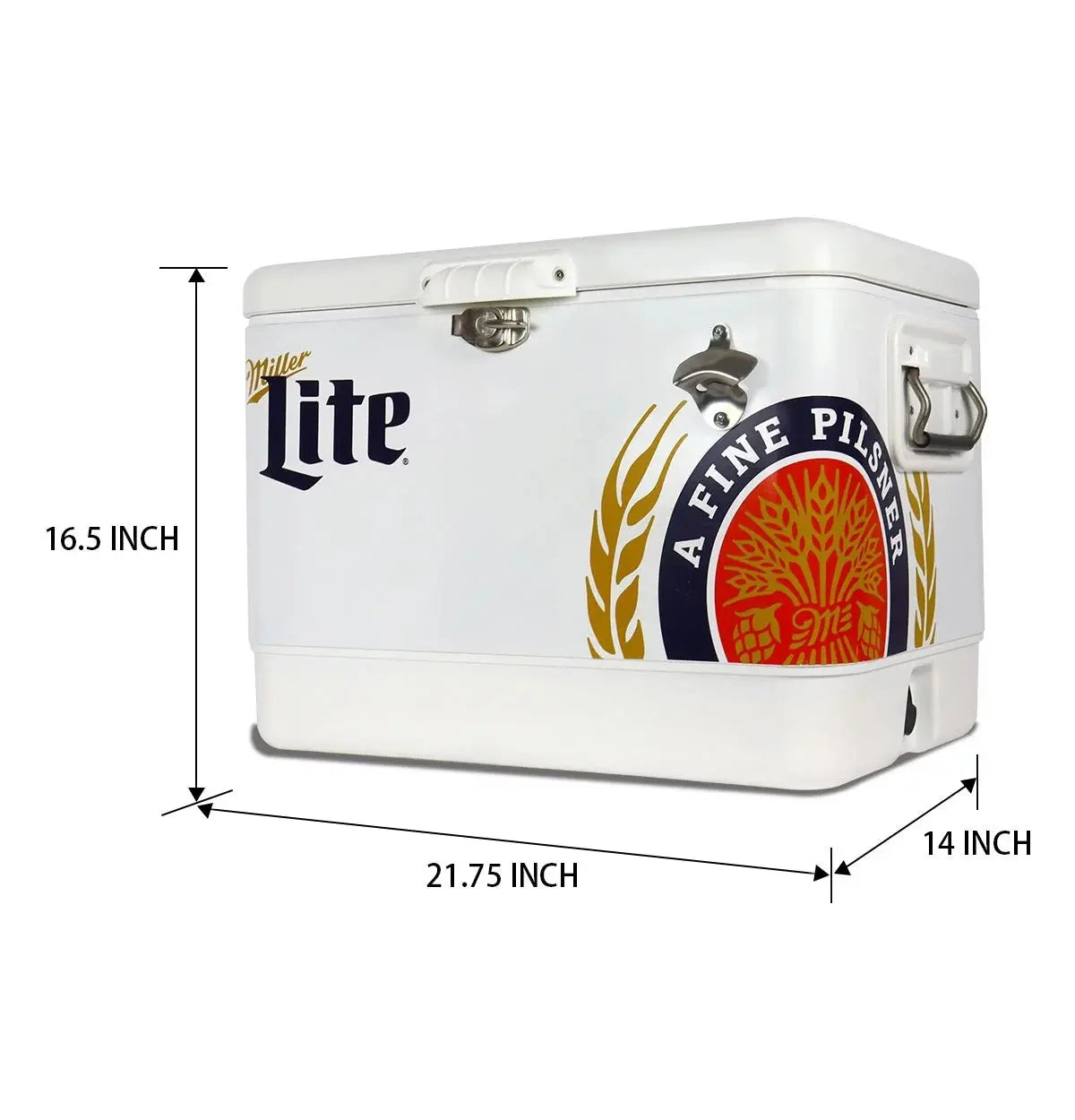 Miller Lite Ice Chest Beverage Cooler with Bottle Opener, 51L (54 QT), 85 Can Steel-Belted Portable Cooler, White and Blue, for Camping, Beach, RV, Bbqs, Tailgating, Fishing | Fridge.com