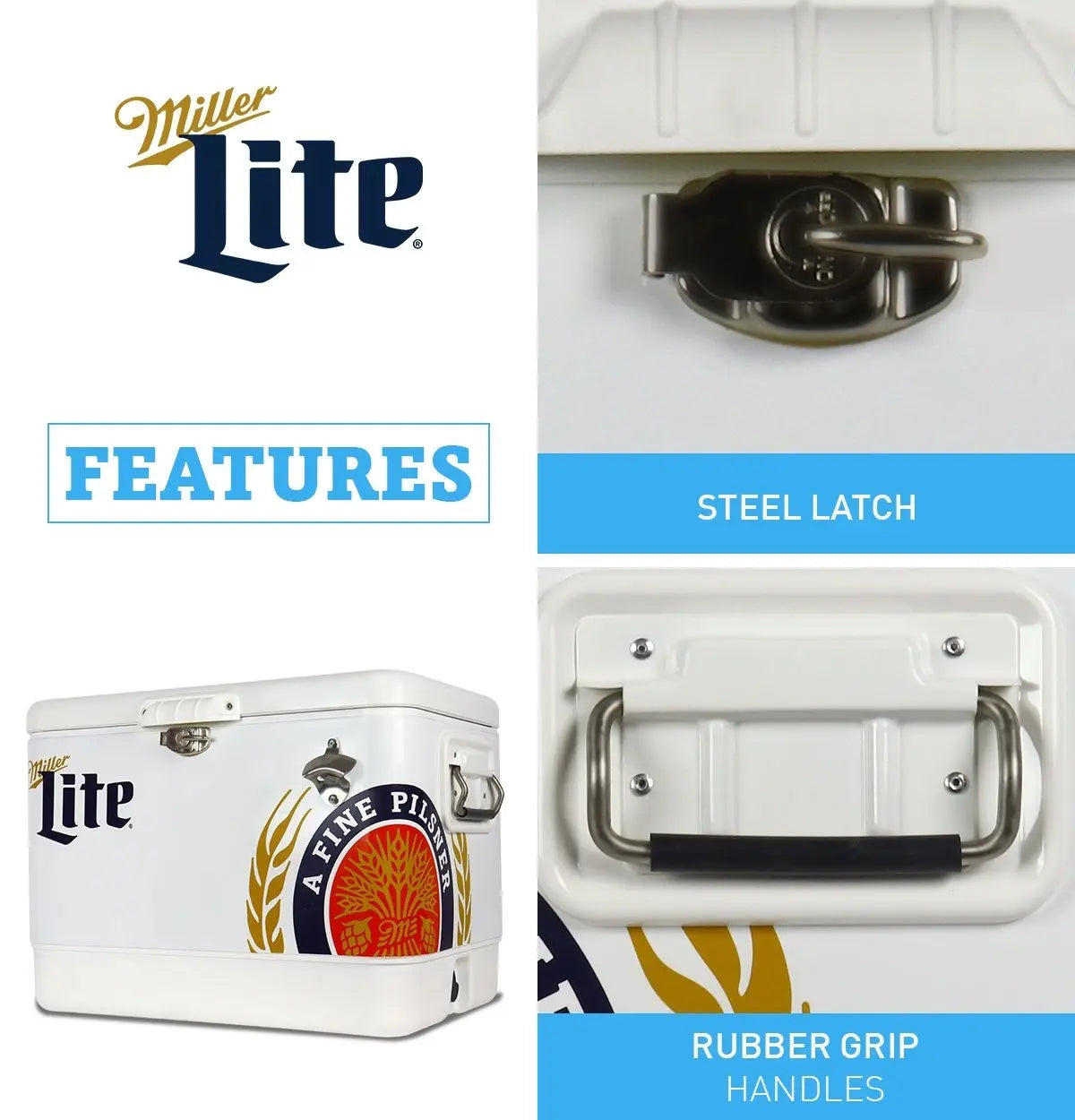 Miller Lite Ice Chest Beverage Cooler with Bottle Opener, 51L (54 QT), 85 Can Steel-Belted Portable Cooler, White and Blue, for Camping, Beach, RV, Bbqs, Tailgating, Fishing | Fridge.com