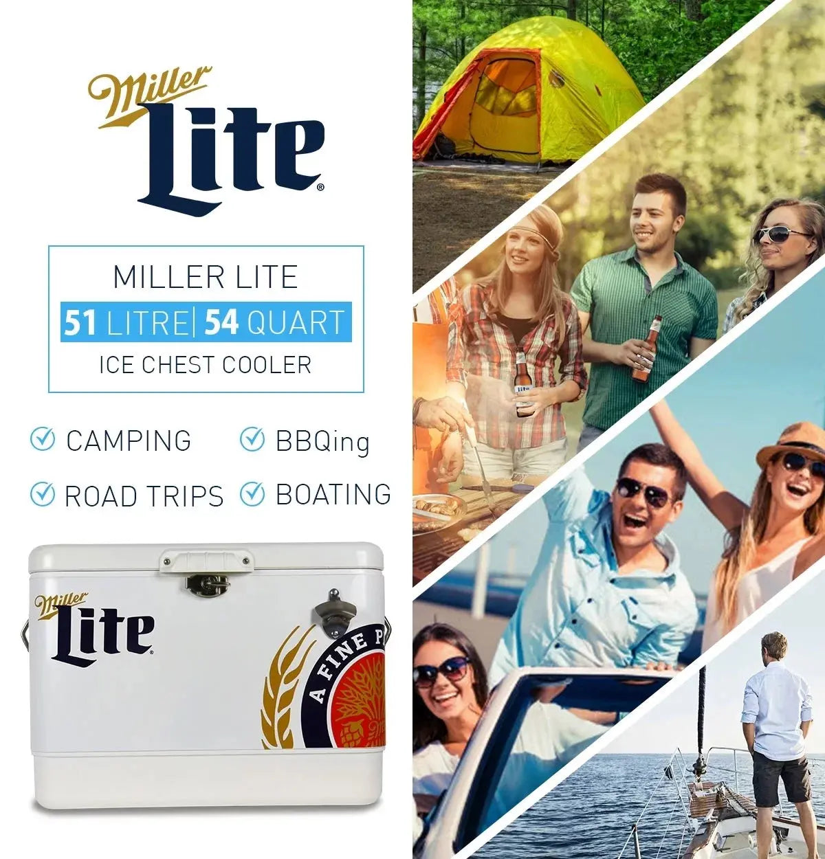 Miller Lite Ice Chest Beverage Cooler with Bottle Opener, 51L (54 QT), 85 Can Steel-Belted Portable Cooler, White and Blue, for Camping, Beach, RV, Bbqs, Tailgating, Fishing | Fridge.com