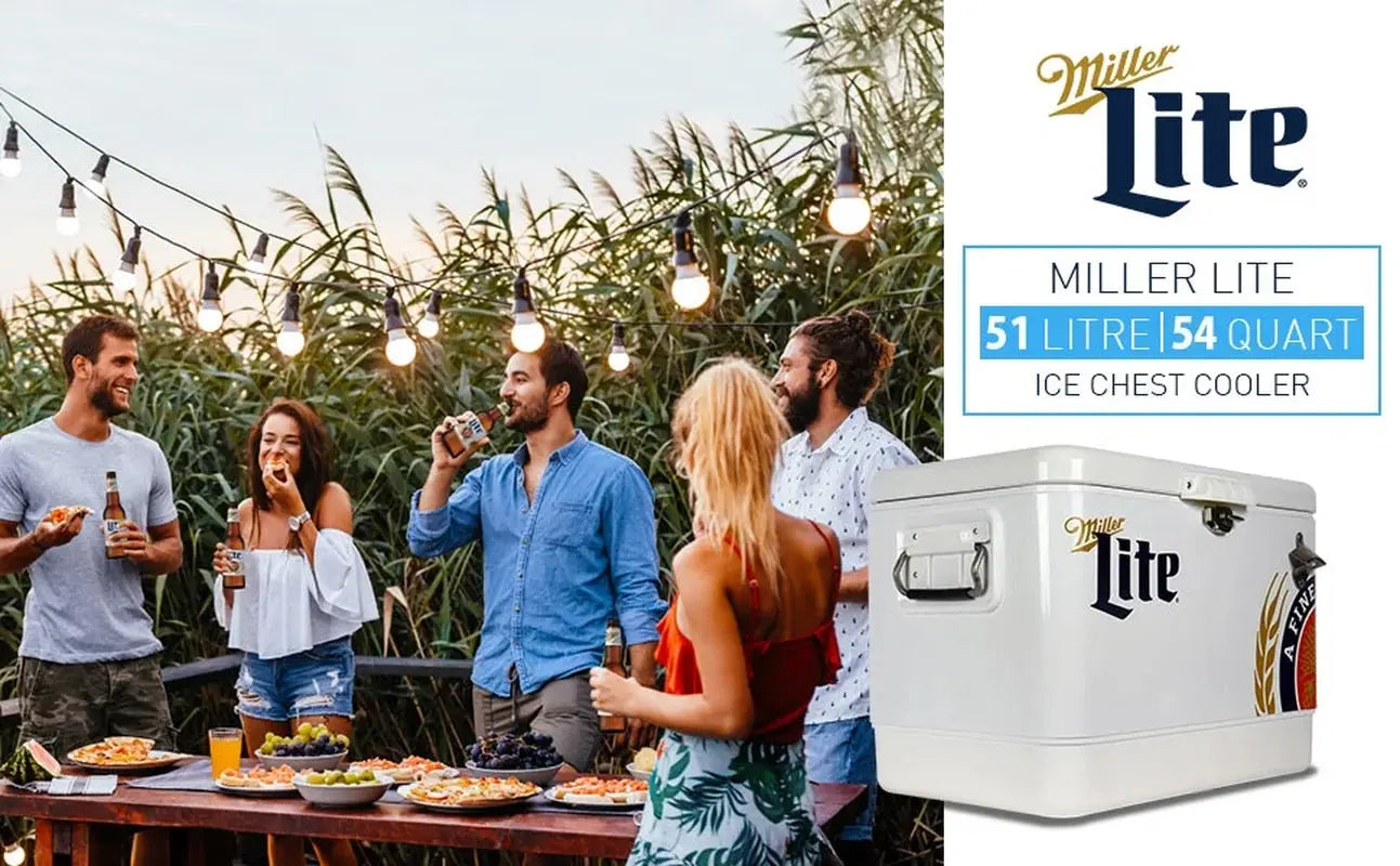 Miller Lite Ice Chest Beverage Cooler with Bottle Opener, 51L (54 QT), 85 Can Steel-Belted Portable Cooler, White and Blue, for Camping, Beach, RV, Bbqs, Tailgating, Fishing | Fridge.com