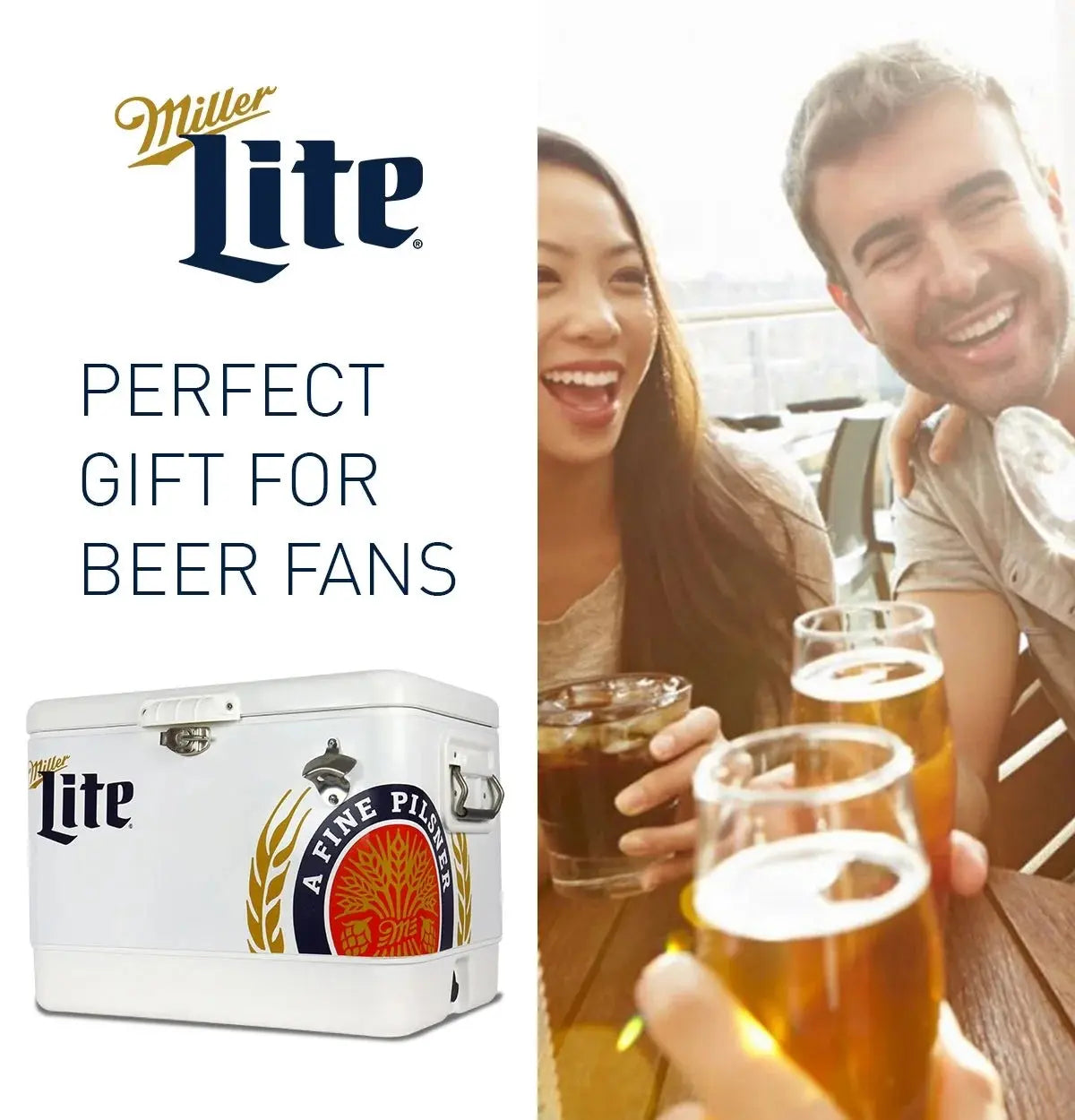 Miller Lite Ice Chest Beverage Cooler with Bottle Opener, 51L (54 QT), 85 Can Steel-Belted Portable Cooler, White and Blue, for Camping, Beach, RV, Bbqs, Tailgating, Fishing | Fridge.com