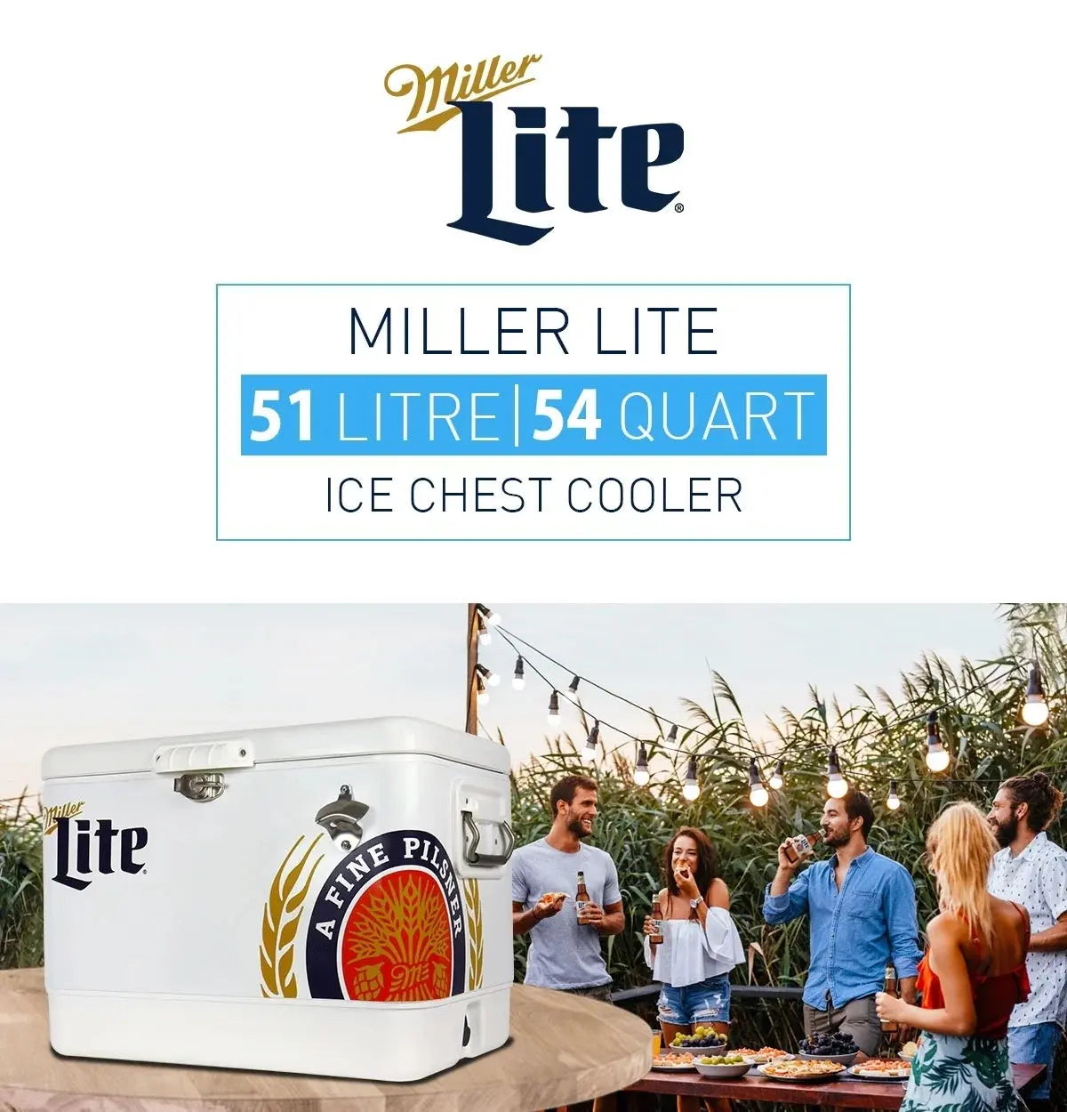 Miller Lite Ice Chest Beverage Cooler with Bottle Opener, 51L (54 QT), 85 Can Steel-Belted Portable Cooler, White and Blue, for Camping, Beach, RV, Bbqs, Tailgating, Fishing | Fridge.com