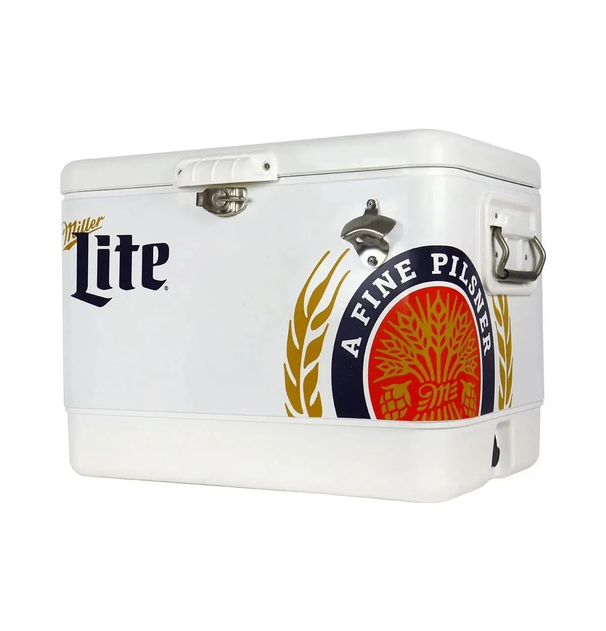 Miller Lite Ice Chest Beverage Cooler with Bottle Opener, 51L (54 QT), 85 Can Steel-Belted Portable Cooler, White and Blue, for Camping, Beach, RV, Bbqs, Tailgating, Fishing | Fridge.com