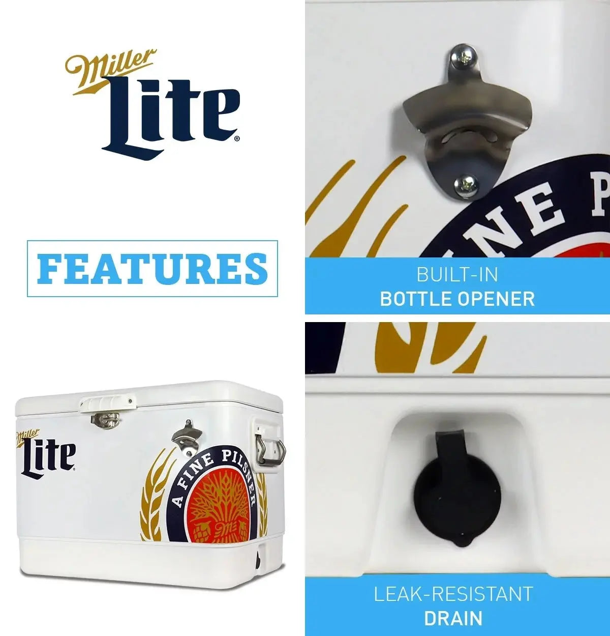 Miller Lite Ice Chest Beverage Cooler with Bottle Opener, 51L (54 QT), 85 Can Steel-Belted Portable Cooler, White and Blue, for Camping, Beach, RV, Bbqs, Tailgating, Fishing | Fridge.com