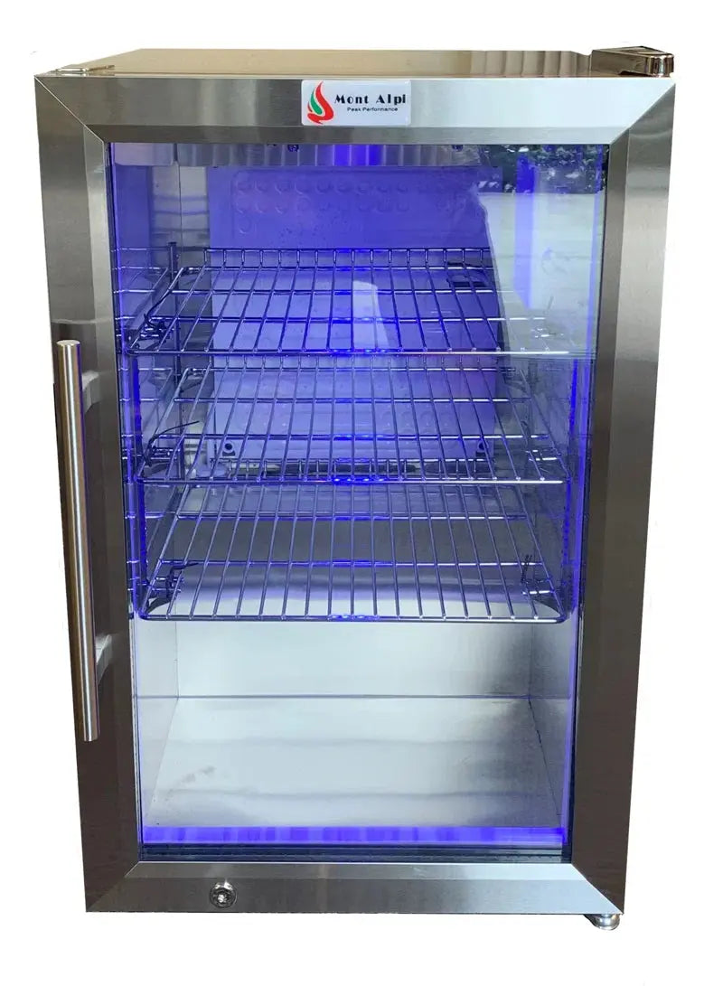 Mont Alpi 2.7 Cubic Ft Outdoor Rated Glass Door Compact Refrigerator with Thermostat + LED Lighting | Fridge.com