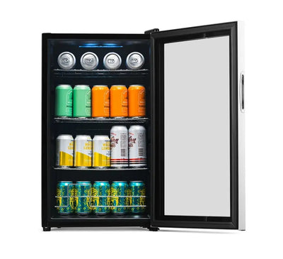 Newair 100 Can Beverage Fridge with Glass Door, Small Freestanding Mini Fridge in Stainless Steel | Fridge.com