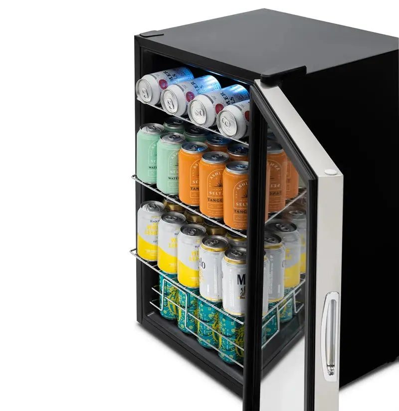 Newair 100 Can Beverage Fridge with Glass Door, Small Freestanding Mini Fridge in Stainless Steel | Fridge.com