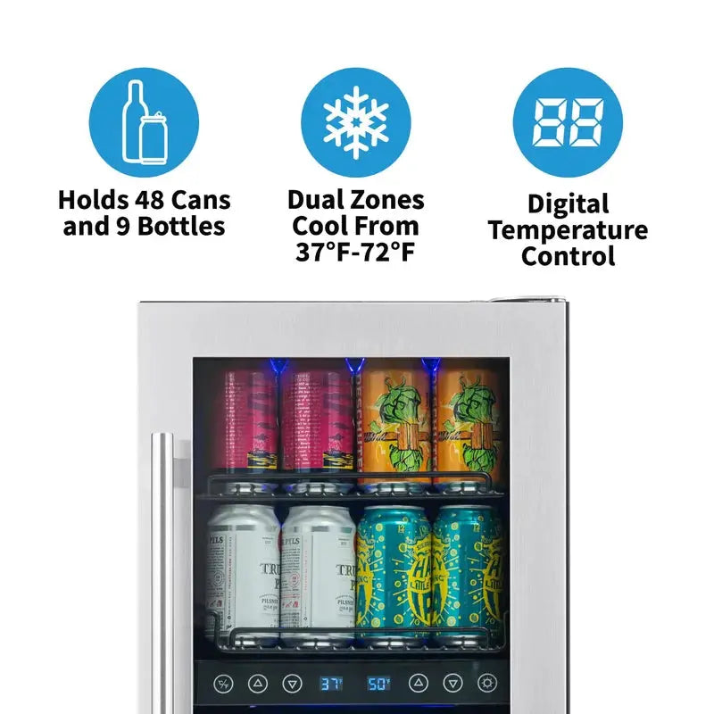 Newair 15 In. Built-In Dual Zone 9 Bottle and 48 Can Wine and Beverage Fridge in Stainless Steel | Fridge.com